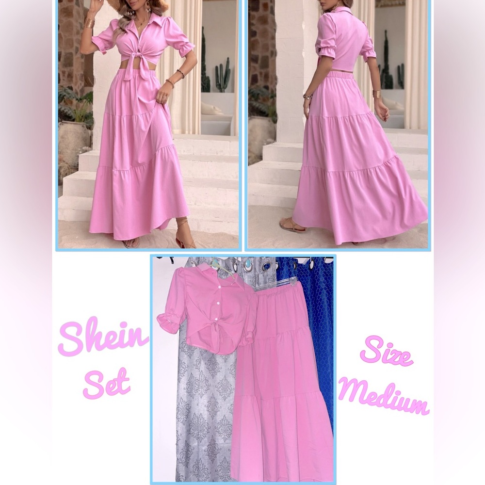 SHEIN VCAY pink Tie Front Flounce Sleeve Crop Shirt & Ruffle size medium